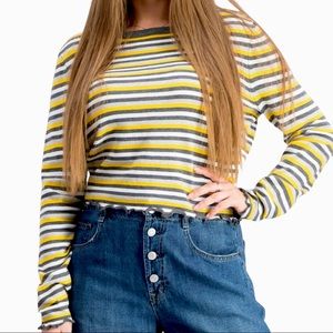 Ultra Flirt size medium grey yellow & white striped crop top ruffle hems EUC